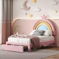Twin/Full Upholstered Cute Rainbow Design Bed for Kids, Velvet Princess Platform Bed with Storage Drawer, Pink