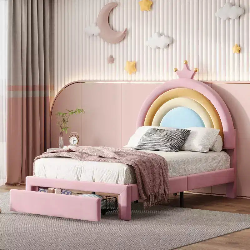 Twin/Full Upholstered Cute Rainbow Design Bed for Kids, Velvet Princess Platform Bed with Storage Drawer, Pink