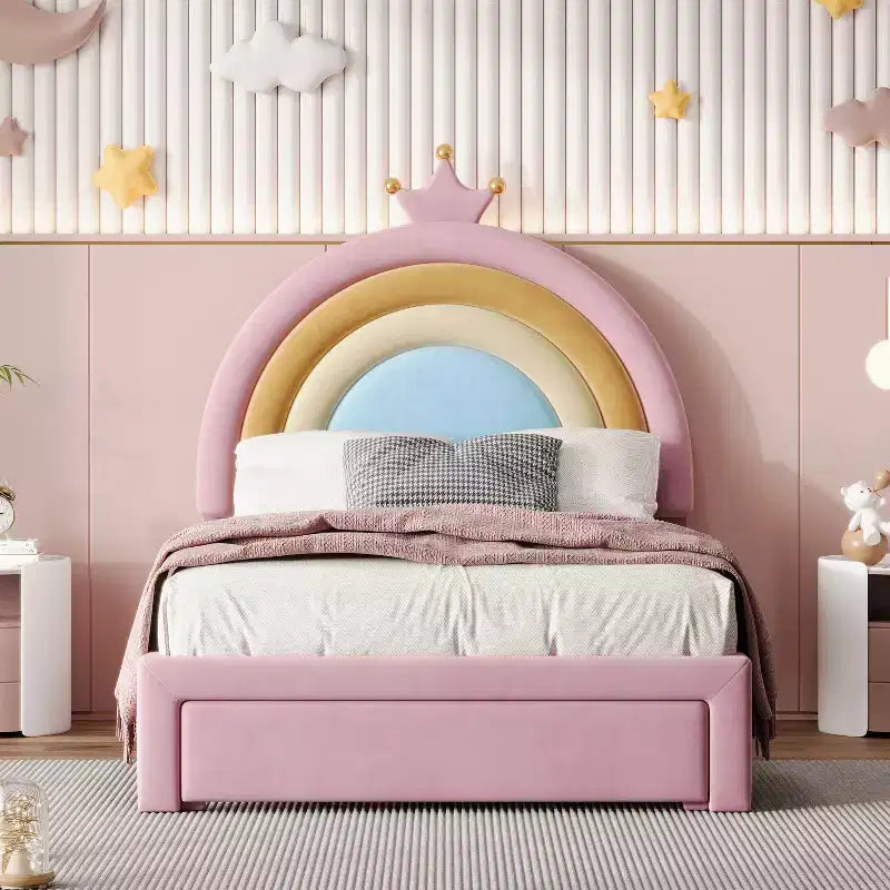 Twin/Full Upholstered Cute Rainbow Design Bed for Kids, Velvet Princess Platform Bed with Storage Drawer, Pink