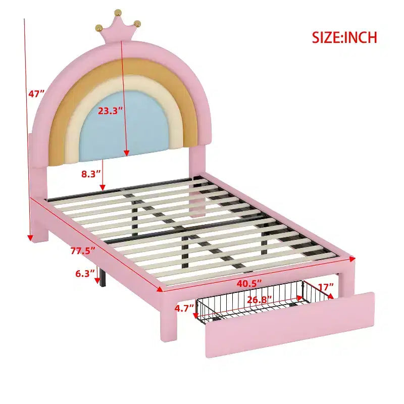 Twin/Full Upholstered Cute Rainbow Design Bed for Kids, Velvet Princess Platform Bed with Storage Drawer, Pink
