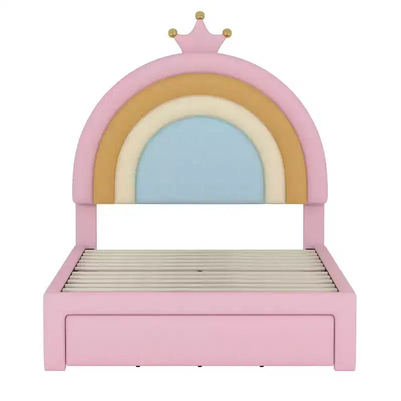 Twin/Full Upholstered Cute Rainbow Design Bed for Kids, Velvet Princess Platform Bed with Storage Drawer, Pink