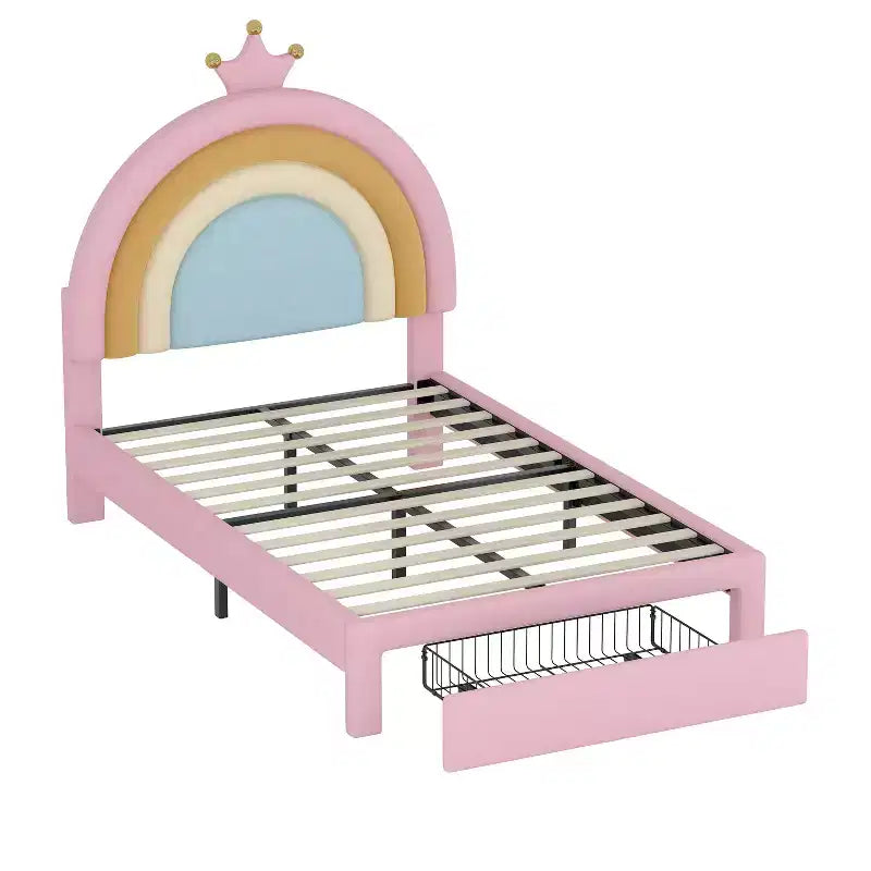 Twin/Full Upholstered Cute Rainbow Design Bed for Kids, Velvet Princess Platform Bed with Storage Drawer, Pink