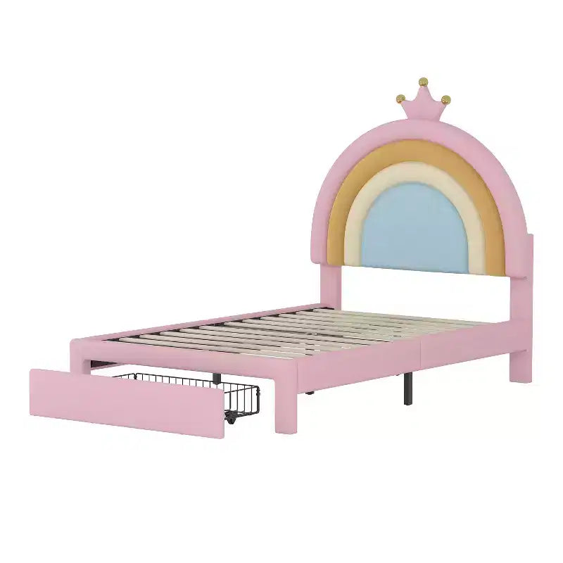 Twin/Full Upholstered Cute Rainbow Design Bed for Kids, Velvet Princess Platform Bed with Storage Drawer, Pink