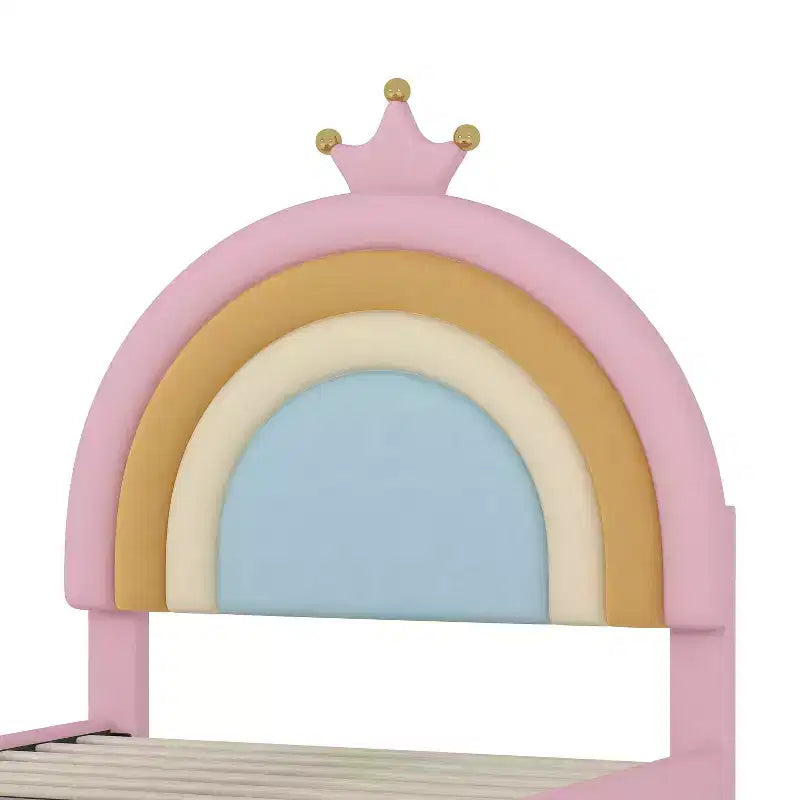 Twin/Full Upholstered Cute Rainbow Design Bed for Kids, Velvet Princess Platform Bed with Storage Drawer, Pink