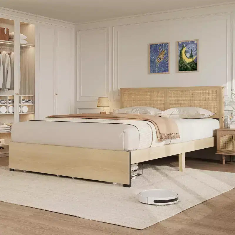 Natural Rattan Platform Bed Frame with 2 Storage Drawers, Easy to Assemble, Sturdy Wooden Slat Support, Noiseless, No Spring Mattress Required