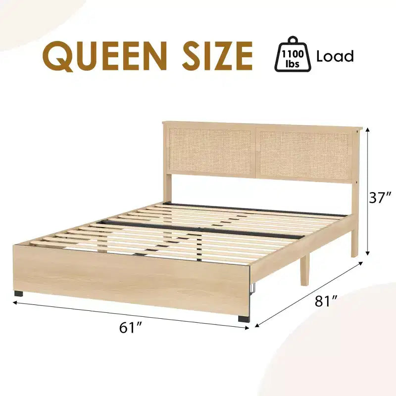Natural Rattan Platform Bed Frame with 2 Storage Drawers, Easy to Assemble, Sturdy Wooden Slat Support, Noiseless, No Spring Mattress Required