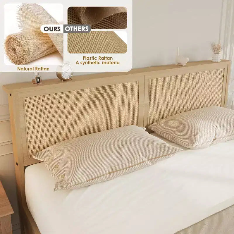 Natural Rattan Platform Bed Frame with 2 Storage Drawers, Easy to Assemble, Sturdy Wooden Slat Support, Noiseless, No Spring Mattress Required