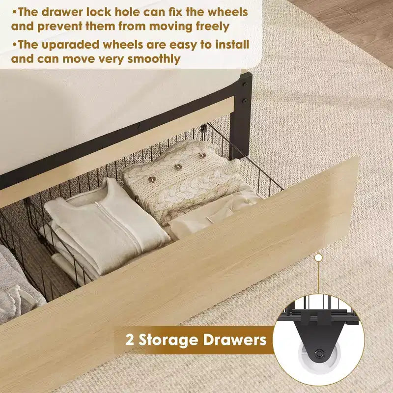 Natural Rattan Platform Bed Frame with 2 Storage Drawers, Easy to Assemble, Sturdy Wooden Slat Support, Noiseless, No Spring Mattress Required