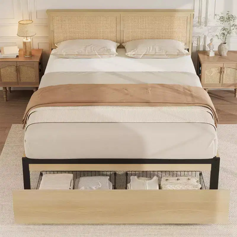 Natural Rattan Platform Bed Frame with 2 Storage Drawers, Easy to Assemble, Sturdy Wooden Slat Support, Noiseless, No Spring Mattress Required
