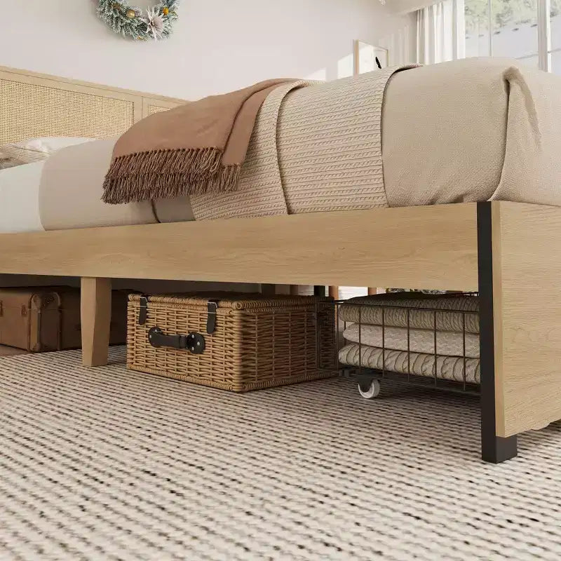 Natural Rattan Platform Bed Frame with 2 Storage Drawers, Easy to Assemble, Sturdy Wooden Slat Support, Noiseless, No Spring Mattress Required