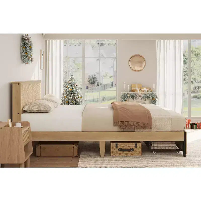 Natural Rattan Platform Bed Frame with 2 Storage Drawers, Easy to Assemble, Sturdy Wooden Slat Support, Noiseless, No Spring Mattress Required