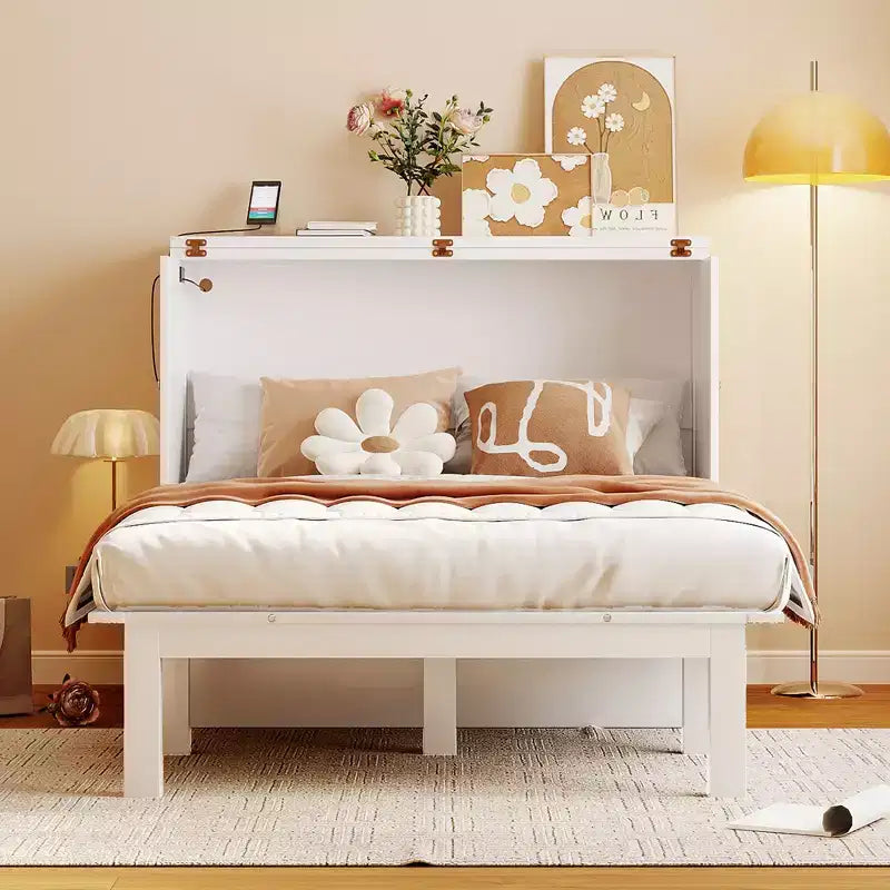 Full/Queen Murphy Bed, Murphy Cabinet Bed with USB Port and Removable Shelves on Each Side for Small Spaces