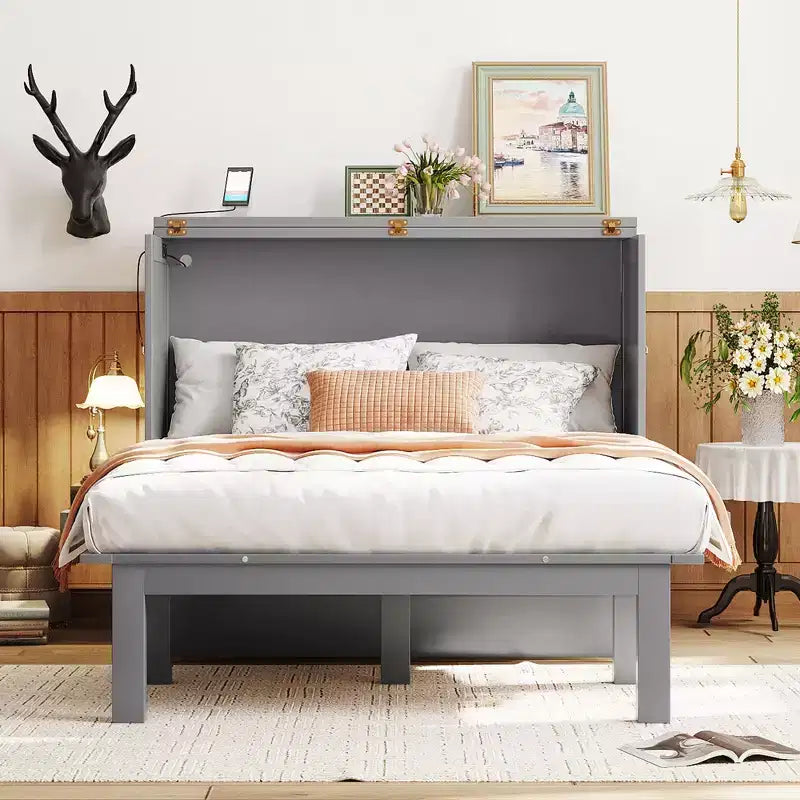 Full/Queen Murphy Bed, Murphy Cabinet Bed with USB Port and Removable Shelves on Each Side for Small Spaces