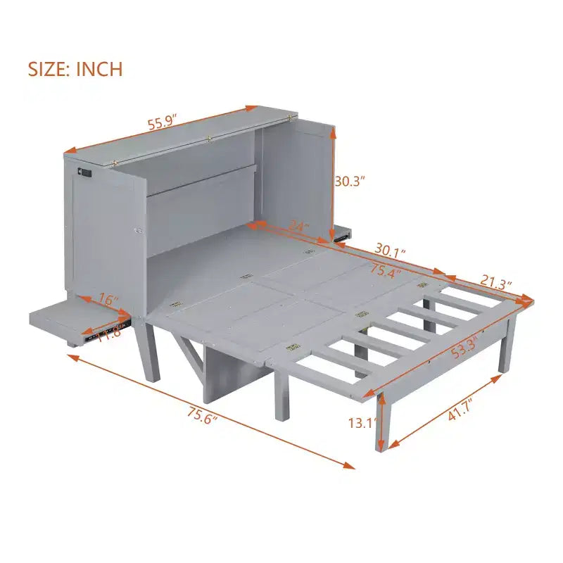 Full/Queen Murphy Bed, Murphy Cabinet Bed with USB Port and Removable Shelves on Each Side for Small Spaces