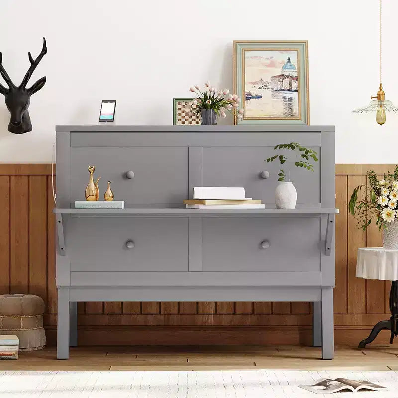 Full/Queen Murphy Bed, Murphy Cabinet Bed with USB Port and Removable Shelves on Each Side for Small Spaces