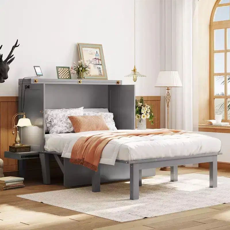 Full/Queen Murphy Bed, Murphy Cabinet Bed with USB Port and Removable Shelves on Each Side for Small Spaces