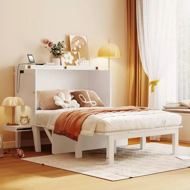 Full/Queen Murphy Bed, Murphy Cabinet Bed with USB Port and Removable Shelves on Each Side for Small Spaces