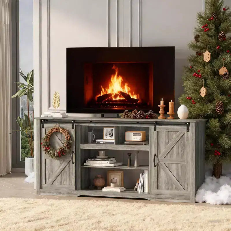 Farmhouse Large TV Stands 70, Entertainment Center with Sliding Doors, Media TV Console Table with Charging Station, TV Cabinet for Home Living Room