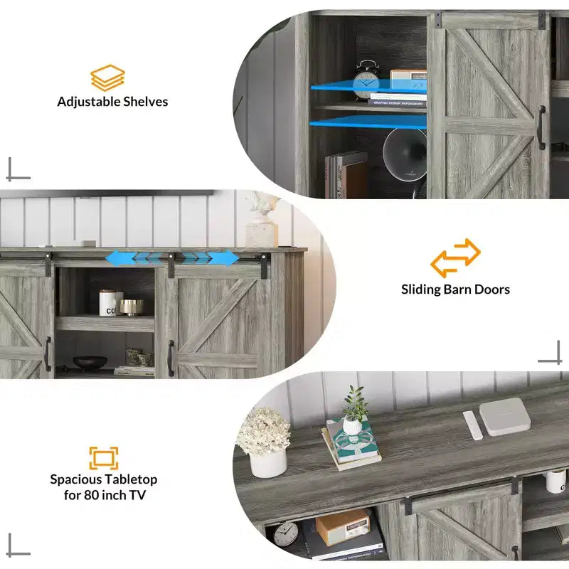 Farmhouse Large TV Stands 70, Entertainment Center with Sliding Doors, Media TV Console Table with Charging Station, TV Cabinet for Home Living Room