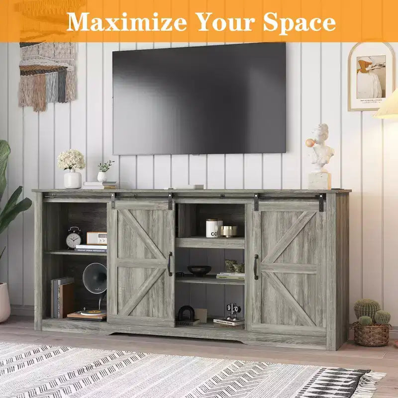 Farmhouse Large TV Stands 70, Entertainment Center with Sliding Doors, Media TV Console Table with Charging Station, TV Cabinet for Home Living Room