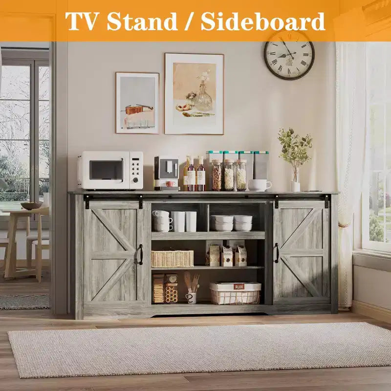 Farmhouse Large TV Stands 70, Entertainment Center with Sliding Doors, Media TV Console Table with Charging Station, TV Cabinet for Home Living Room