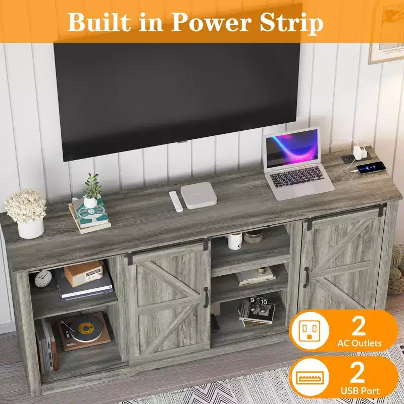 Farmhouse Large TV Stands 70, Entertainment Center with Sliding Doors, Media TV Console Table with Charging Station, TV Cabinet for Home Living Room