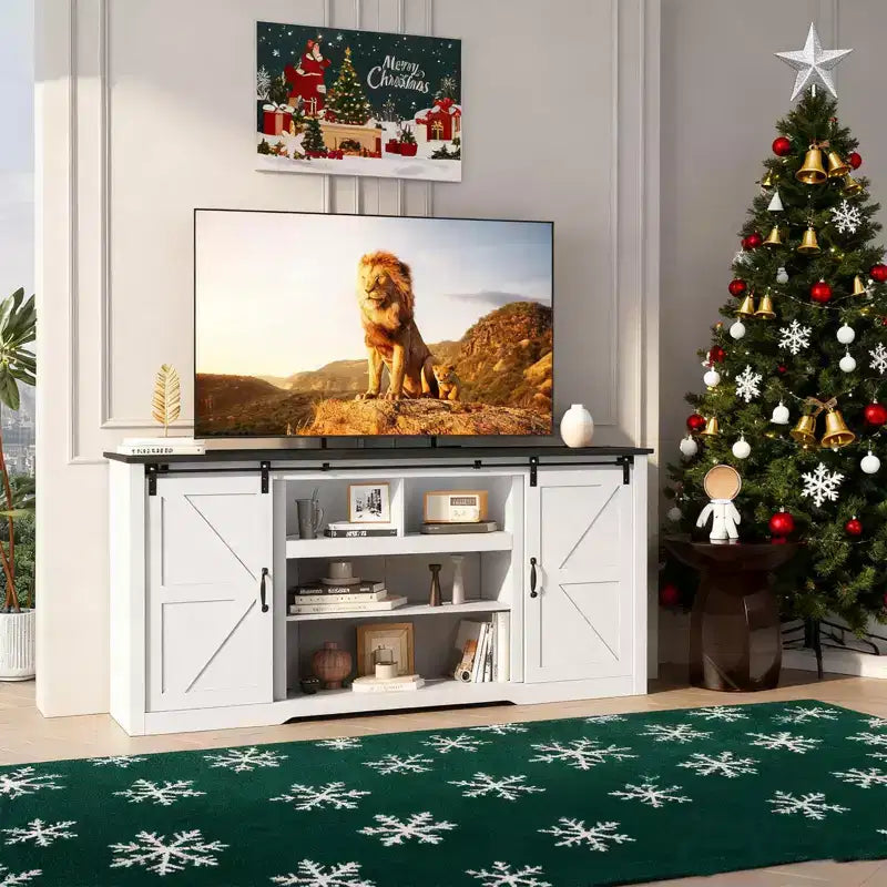 Farmhouse Large TV Stands 70, Entertainment Center with Sliding Doors, Media TV Console Table with Charging Station, TV Cabinet for Home Living Room