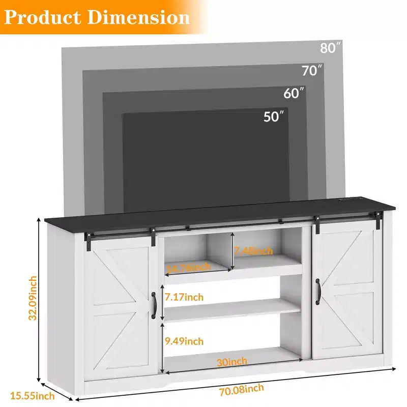 Farmhouse Large TV Stands 70, Entertainment Center with Sliding Doors, Media TV Console Table with Charging Station, TV Cabinet for Home Living Room