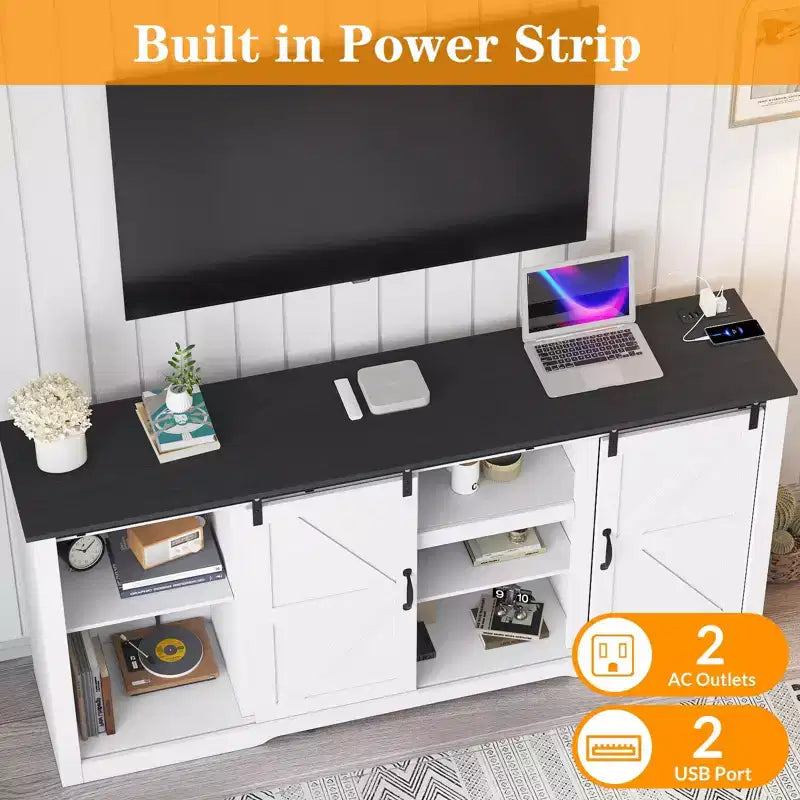 Farmhouse Large TV Stands 70, Entertainment Center with Sliding Doors, Media TV Console Table with Charging Station, TV Cabinet for Home Living Room