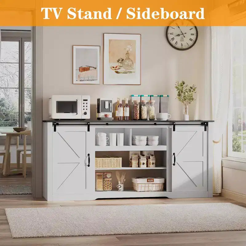 Farmhouse Large TV Stands 70, Entertainment Center with Sliding Doors, Media TV Console Table with Charging Station, TV Cabinet for Home Living Room