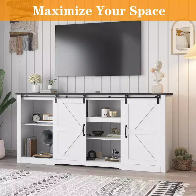 Farmhouse Large TV Stands 70, Entertainment Center with Sliding Doors, Media TV Console Table with Charging Station, TV Cabinet for Home Living Room