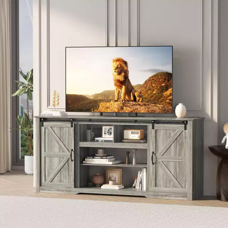 Farmhouse Large TV Stands 70, Entertainment Center with Sliding Doors, Media TV Console Table with Charging Station, TV Cabinet for Home Living Room