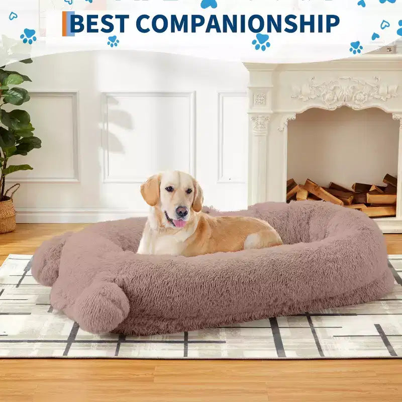 Large Size Dogs Bed, Washable, Faux Fur Bolster, Removable Cover, Calming Round Bed