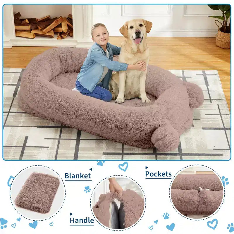 Large Size Dogs Bed, Washable, Faux Fur Bolster, Removable Cover, Calming Round Bed