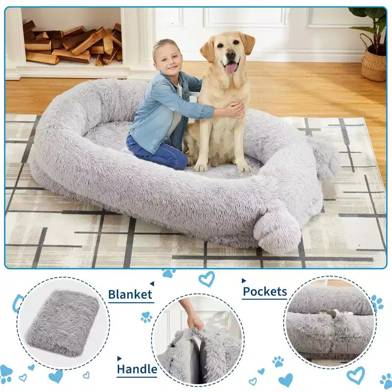 Large Size Dogs Bed, Washable, Faux Fur Bolster, Removable Cover, Calming Round Bed