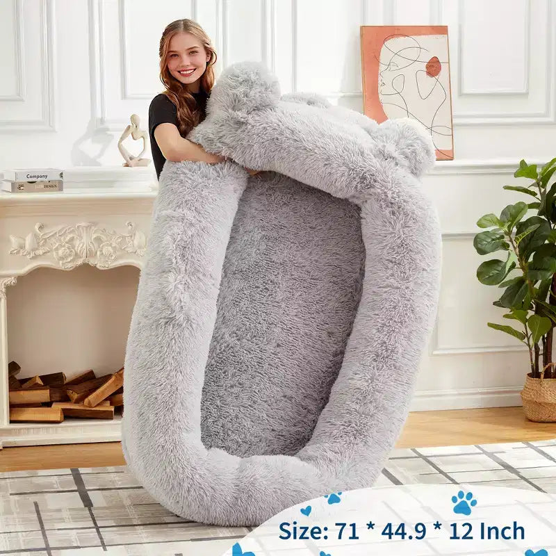 Large Size Dogs Bed, Washable, Faux Fur Bolster, Removable Cover, Calming Round Bed