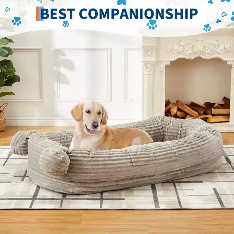 Large Size Dogs Bed, Washable, Faux Fur Bolster, Removable Cover, Calming Round Bed