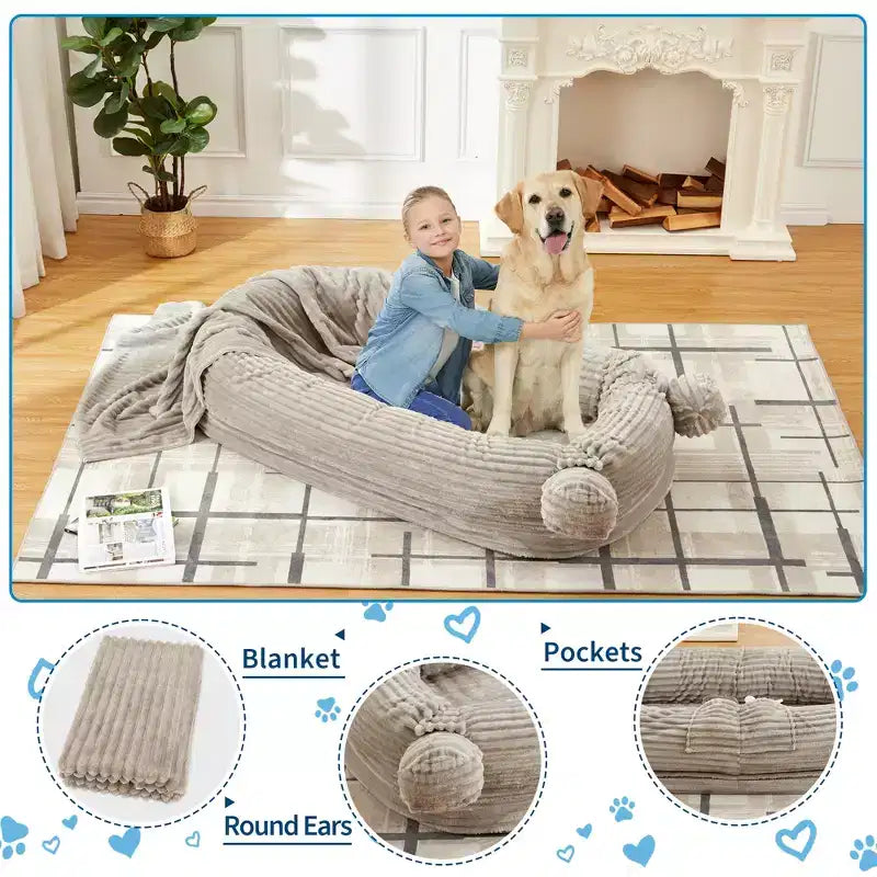 Large Size Dogs Bed, Washable, Faux Fur Bolster, Removable Cover, Calming Round Bed