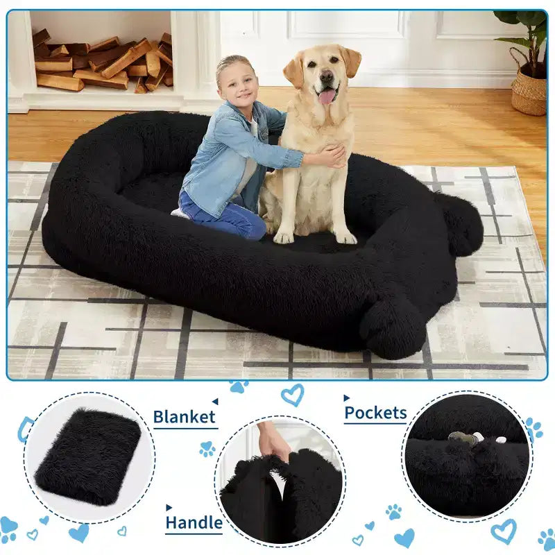 Large Size Dogs Bed, Washable, Faux Fur Bolster, Removable Cover, Calming Round Bed
