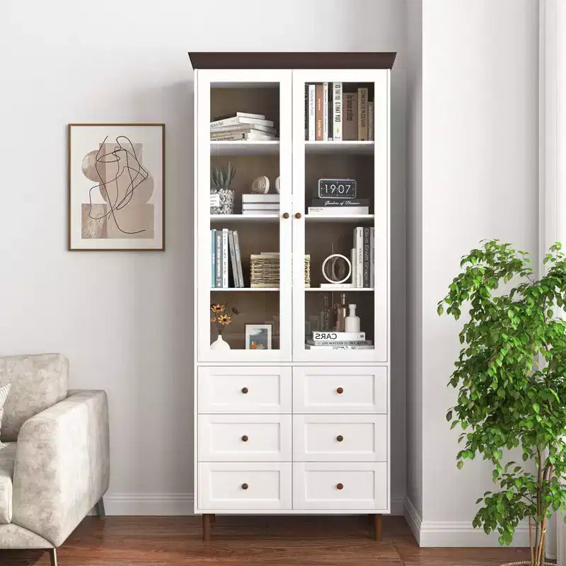 GDFStudio Eira 34 Modern Tall Storage Cabinet with 6 Drawers, 2 Glass Doors, and Adjustable Shelves