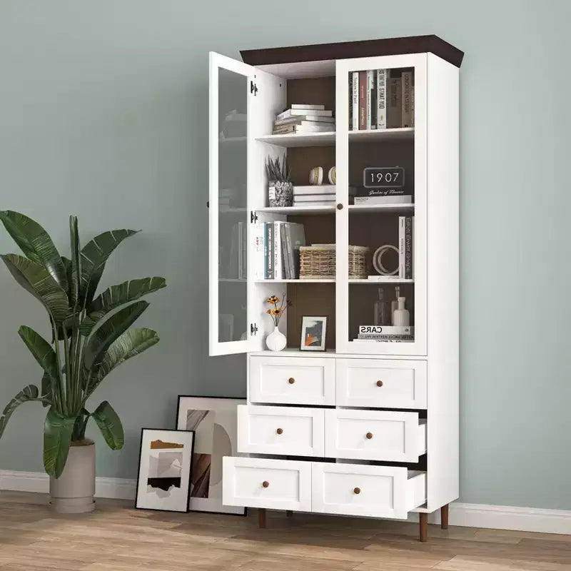 GDFStudio Eira 34 Modern Tall Storage Cabinet with 6 Drawers, 2 Glass Doors, and Adjustable Shelves
