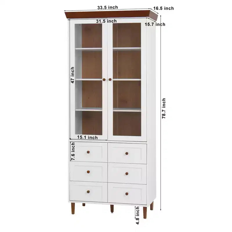 GDFStudio Eira 34 Modern Tall Storage Cabinet with 6 Drawers, 2 Glass Doors, and Adjustable Shelves