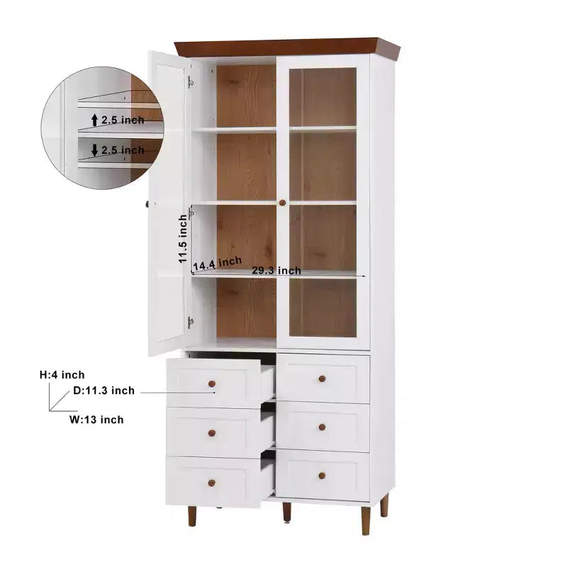 GDFStudio Eira 34 Modern Tall Storage Cabinet with 6 Drawers, 2 Glass Doors, and Adjustable Shelves