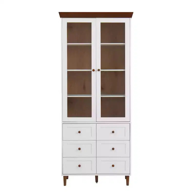 GDFStudio Eira 34 Modern Tall Storage Cabinet with 6 Drawers, 2 Glass Doors, and Adjustable Shelves