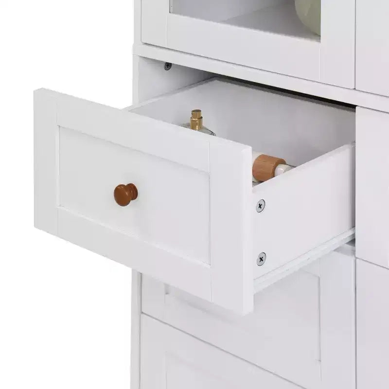GDFStudio Eira 34 Modern Tall Storage Cabinet with 6 Drawers, 2 Glass Doors, and Adjustable Shelves