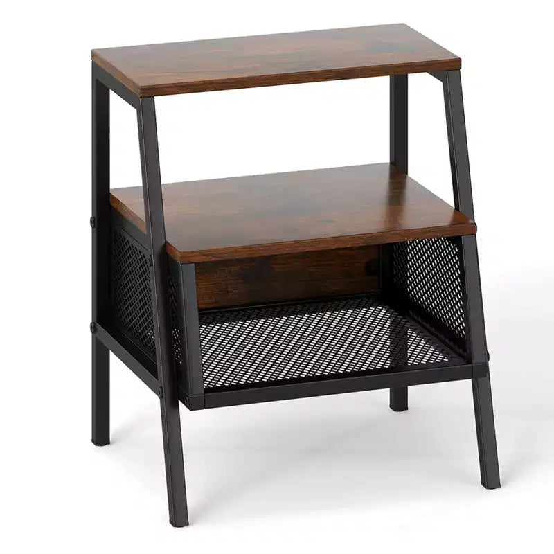 Costway 1/2 PCS Industrial Nightstand 3-Tier End Table with 2 Open Shelves & Metal Mesh Compartment