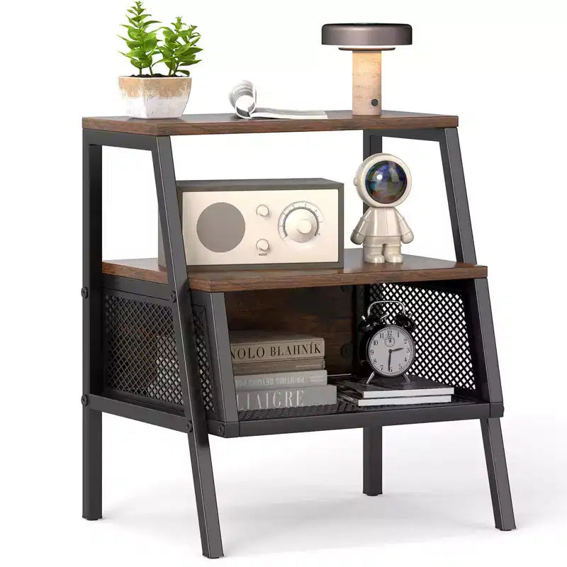 Costway 1/2 PCS Industrial Nightstand 3-Tier End Table with 2 Open Shelves & Metal Mesh Compartment