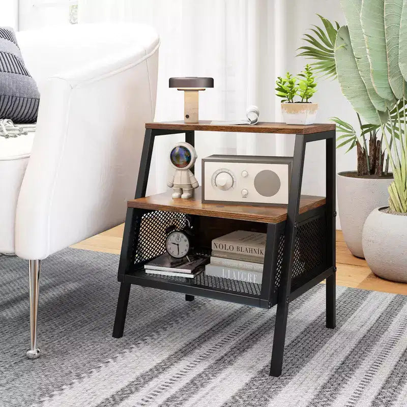 Costway 1/2 PCS Industrial Nightstand 3-Tier End Table with 2 Open Shelves & Metal Mesh Compartment