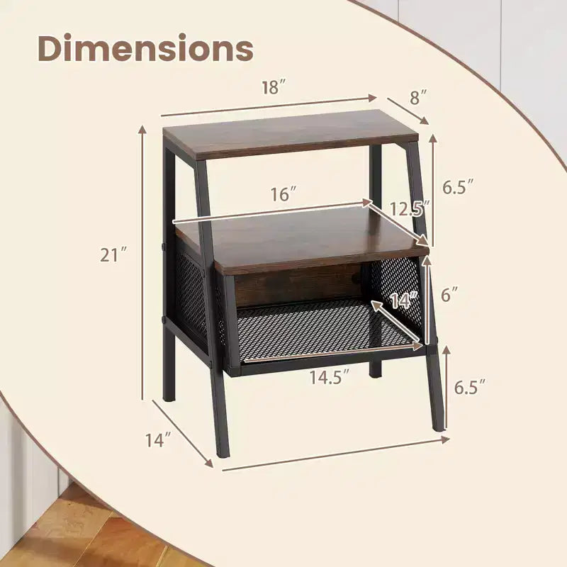 Costway 1/2 PCS Industrial Nightstand 3-Tier End Table with 2 Open Shelves & Metal Mesh Compartment