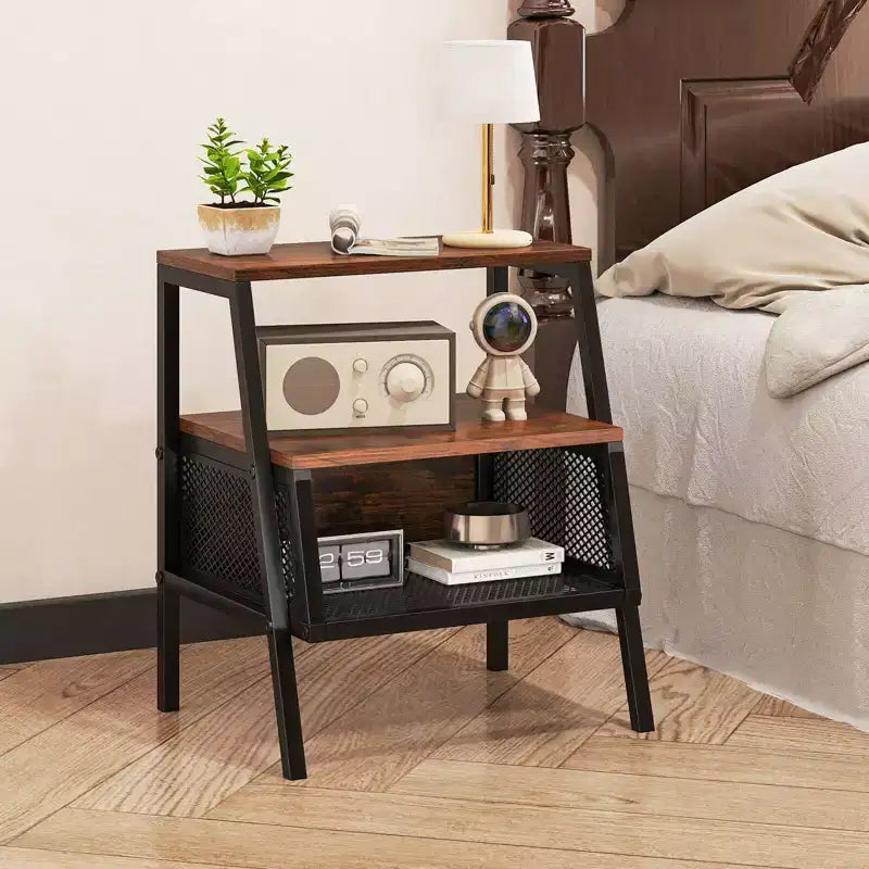Costway 1/2 PCS Industrial Nightstand 3-Tier End Table with 2 Open Shelves & Metal Mesh Compartment